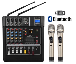 Mikser ze wzmacniaczem, powermikser, 4 kanały, 2 mikrofony bezprzewodowe,  USB, Bluetooth - DELTA AUDIO DPM4-2H