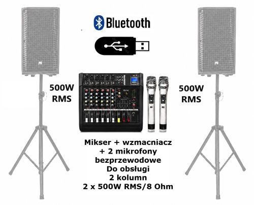 Mikser ze wzmacniaczem 2 x 500W RMS, powermikser, 6 kanałów, 2 mikrofony bezprzewodowe,  odtwarzacz mp3, USB, Bluetooth, do obsługi 2 lub 4 kolumn głośnikowych - DELTA AUDIO DPM6-2H na www.marketmuzyczny.pl