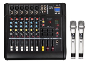 Mikser ze wzmacniaczem, powermikser, 6 kanałów, 2 mikrofony bezprzewodowe,  odtwarzacz mp3, USB, Bluetooth - DELTA AUDIO DPM6-2H