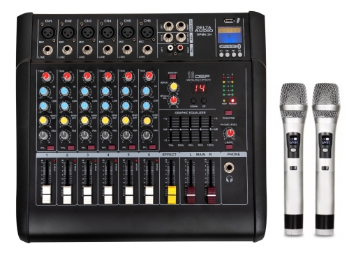 Mikser ze wzmacniaczem 2 x 500W RMS, powermikser, 6 kanałów, 2 mikrofony bezprzewodowe,  odtwarzacz mp3, USB, Bluetooth, do obsługi 2 lub 4 kolumn głośnikowych - DELTA AUDIO DPM6-2H na www.marketmuzyczny.pl