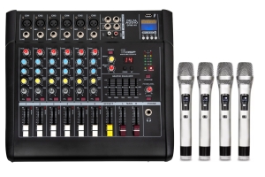 Mikser ze wzmacniaczem, powermikser, 6 kanałów, 2 mikrofony bezprzewodowe,  odtwarzacz mp3, USB, Bluetooth - DELTA AUDIO DPM6-4H