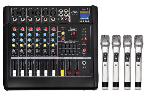 Mikser ze wzmacniaczem 2 x 500W RMS, powermikser, 6 kanałów, 4 mikrofony bezprzewodowe,  odtwarzacz mp3, USB, Bluetooth, do obsługi 2 lub 4 kolumn głośnikowych - DELTA AUDIO DPM6-4H na www.marketmuzyczny.pl