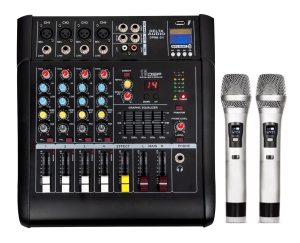 Mikser ze wzmacniaczem, powermikser, 4 kanały, 2 mikrofony bezprzewodowe, odtwarzacz mp3, USB, Bluetooth - DELTA AUDIO DPM4-2H